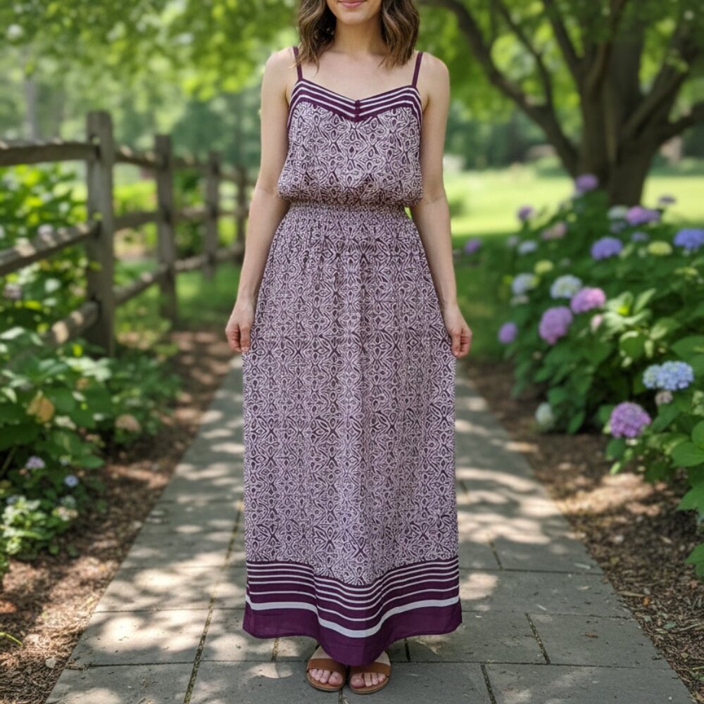 ❤️Vintage Style Boho Purple Geometric Print Maxi Dress Festival Summer Medium❤️